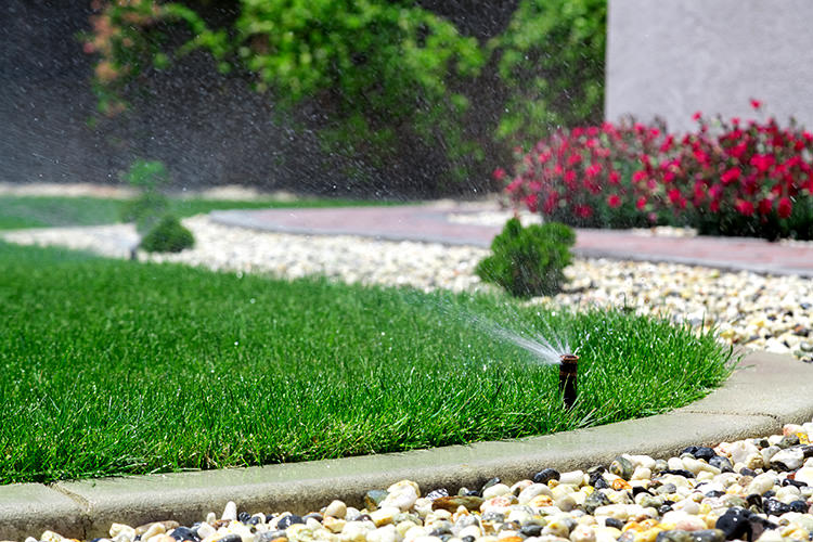 Sprinkler system watering a lawn.